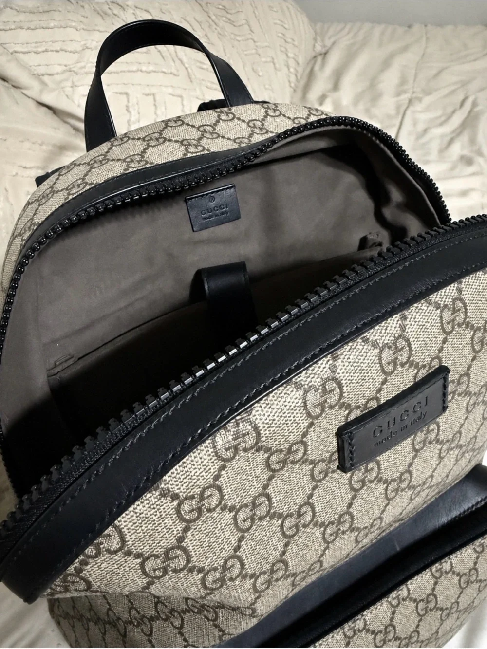 Gucci Beige GG Supreme Canvas Backpack with Black Trim